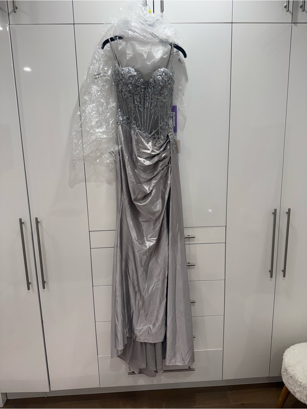Silver Embellished Sweetheart Prom Dress with Draped Skirt